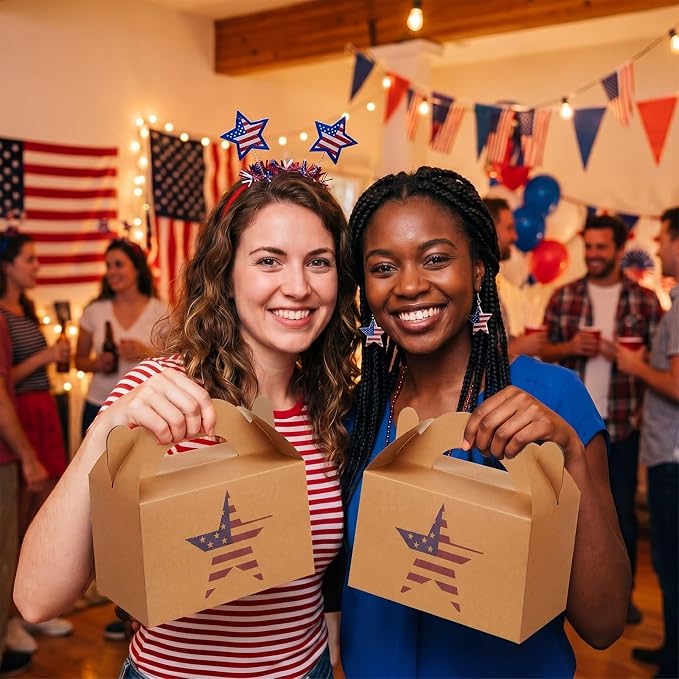 Colarr 48 Pcs 4th of July Treat Boxes Patriotic Star Prints Goodie Boxes with Handles 250th Anniversary Kraft Paper Cookie Box Candy Party Favor Box for Independence Day Fourth of July Celebration