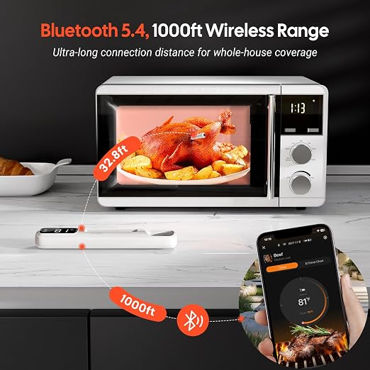 4-inch Short Probe Wireless Meat Thermometer – 1000ft Bluetooth, Clear LED Display, 60-Min Offline Data Storage – Digital Food Thermometer for BBQ, Grill, Oven, Rotisserie