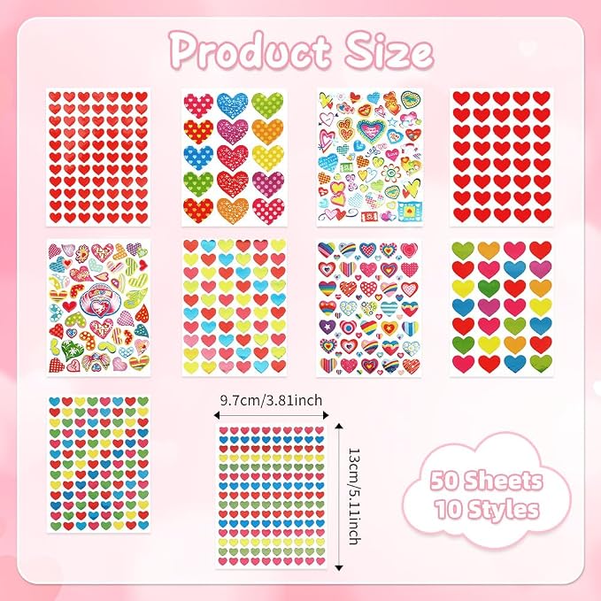 Heart Stickers, 3140 Pcs Small Heart Sticker Bulk, 50 Sheets Gilter Self Adhesive Love Sticker for Card Envelopes Gifts Craft Scrapbooking Wedding Mother's Day Valentines Day Party Decorations Favors