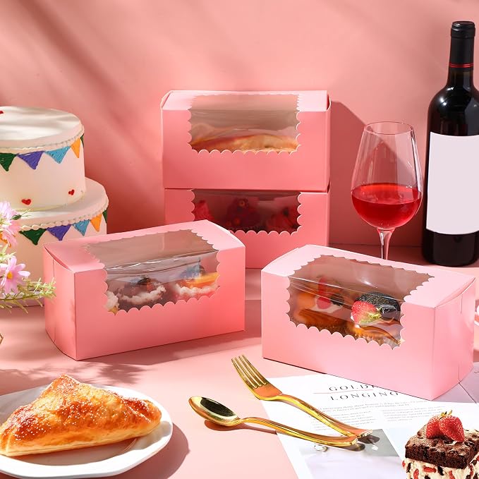 Ireer 60 pcs 8x4x4 Inch Bakery Boxes with Window Cookies Boxes Pumpkin Roll Container Donut Box Pastry Cake Packaging Safe for Cookies Loaf Muffins Breads Dessert Candies Treat(Pink)