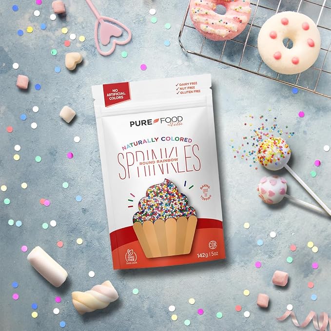 Pure Food By Estee, Rainbow Nonpareils | Vegan Sprinkles for Ice Cream | Dye Free Sprinkles | Rainbow Jimmies for Baking | Natural Sprinkles | Gluten Free, Dairy Free, Nut Free, 142g