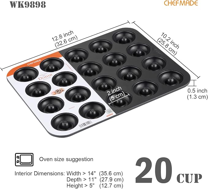 CHEFMADE Donut Pan, Nonstick 20 Cavity Mini Ring Doughnut Pan for Baking Donuts Bagels (Black)