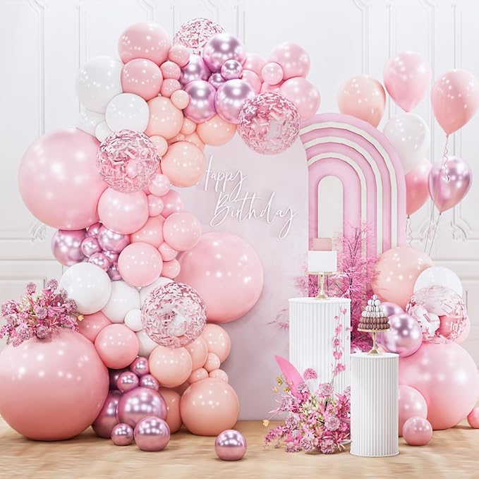 PartyWoo Light Pink Balloon Arch Kit Garland 140pcs Different Sizes of 18 12 10 5 Inch Baby Pastel Pale Pearl Metallic Pink White Clear Confetti Balloons for Baby Shower Birthday Party Decorations