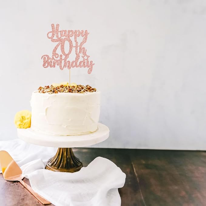 Gyufise 1Pc Happy 70th Birthday Cake Topper Glitter 70 & Fabulous Cheers to 70 Years 70th Birthday Cake Pick for Celebrating 70th Birthday Anniversary Party Cake Decorations Supplies Rose Gold