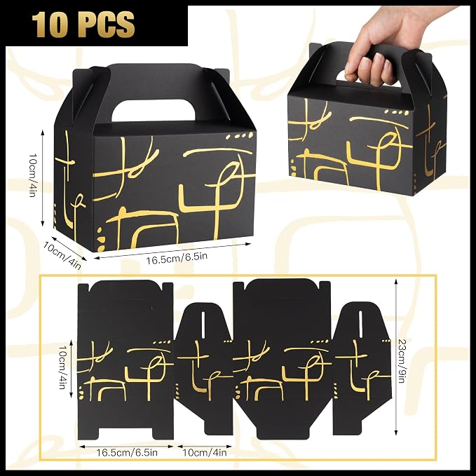 NyuOurea 10 PCS Black Gable Favor Treat Boxes, 6.5 x 4 x 4 Inches Elegant Gift Box with Handle for Guests, Goodie Boxes for Candy, Cookie, Graduation, Busniess, Birthday, Wedding, Geometry