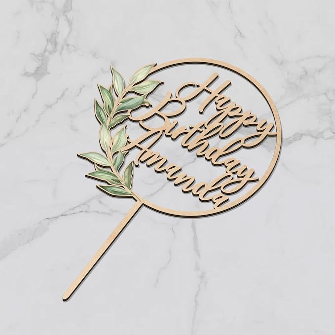 Birthday Cake Topper Custom Name with Green Leaves Wooden Personalized Happy Birthday Cake Decoration Party Topper Design 03