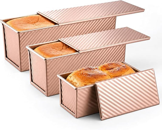 3 Pcs Pullman Loaf Pan with Lid, 2.2LB 1LB 0.5LB Non-Stick Carbon Steel Sandwich Sourdough Bread Pans Golden Corrugated Toast Mold for Homemade Baking Bread