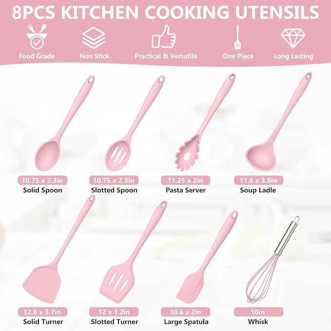 TeamFar Silicone Cooking Utensils Set, 8 PCS Kitchen Utensils Set, 446°F Heat Resistant, Turner, Spatula, Spoon, Whisk, Kitchen Cooking Gadgets Tools for Nonstick Cookware, Dishwasher Safe-Pink
