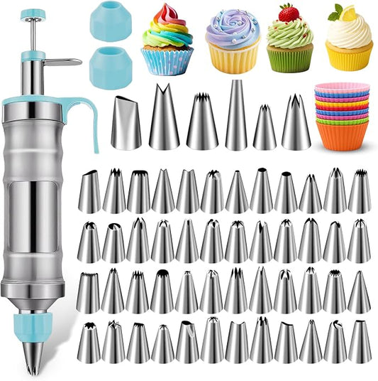 NOVANO Dessert Decorating Syringe Set, Blue | Frosting Piping Kit, Stainless Steel, 54 Piping Tips, 9 Silicone Cupcakes
