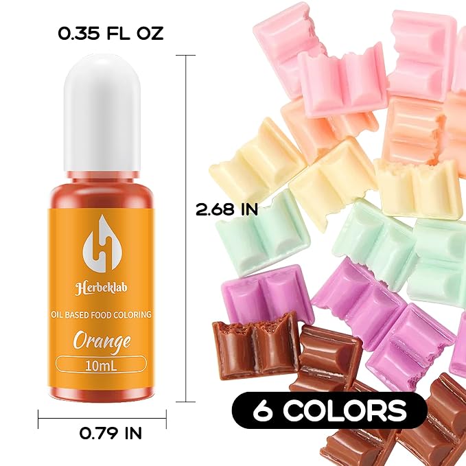 Oil Based Food Coloring for Chocolate Herbeklab 6 Colors x 10 ml Colorful Concentrated Oil Food Coloring for Candy Melts, Cake Pops, Strawberries - 6 Colorful