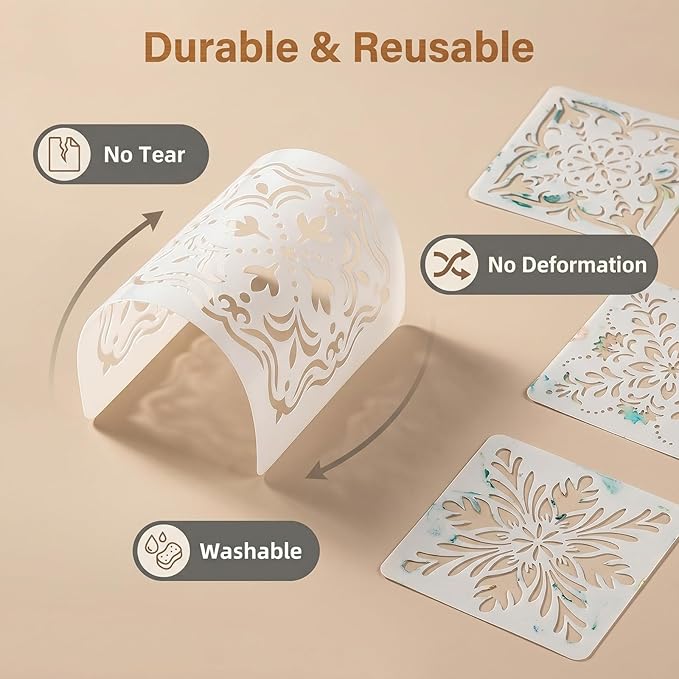 24 Pack Scroll Tile Stencils, 4 Inch Reusable Moroccan Scroll Tile Stencils for Painting Floors, Walls, Furniture, Crafts, Cake Decorating - Azulejo Tile Pattern Templates for DIY Home Decor & Baking