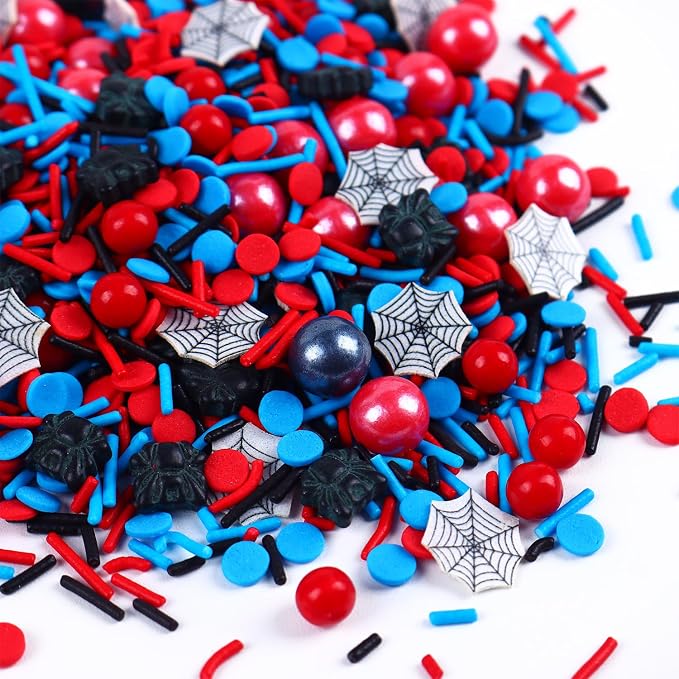 85g Edible Spider Sprinkles, Superhero Cake Decorating, Red and Blue Jimmies and Sugar Pearl for Themed Toppers, Birthday, Children's Party Supplies 3oz