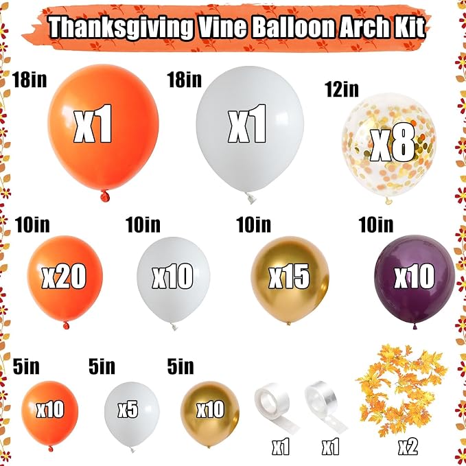 Fall Balloon Arch Kit, Orange Gold Burgundy Fall Balloon Garland Kit, Thanksgiving Balloons with 2pcs 2-Meter-Long Maple Leaves, Pearl Gold Orange White Balloons for Autumn Harvest Party Decorations