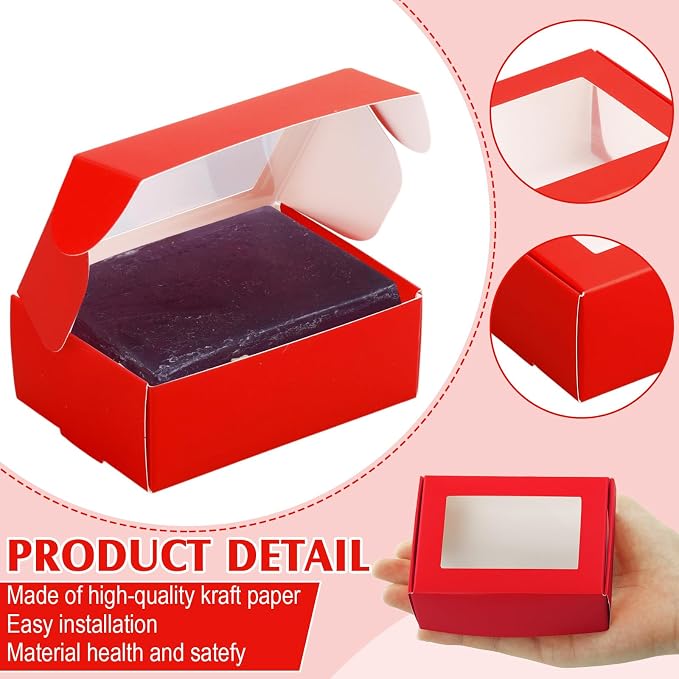 Zonon 30 Pcs Soap Boxes for Homemade Packaging, Mini Kraft Boxes with Window for Bakery Candy Soap Making Gift Packaging, 3.7x2.6x1.4 Inch (Red)