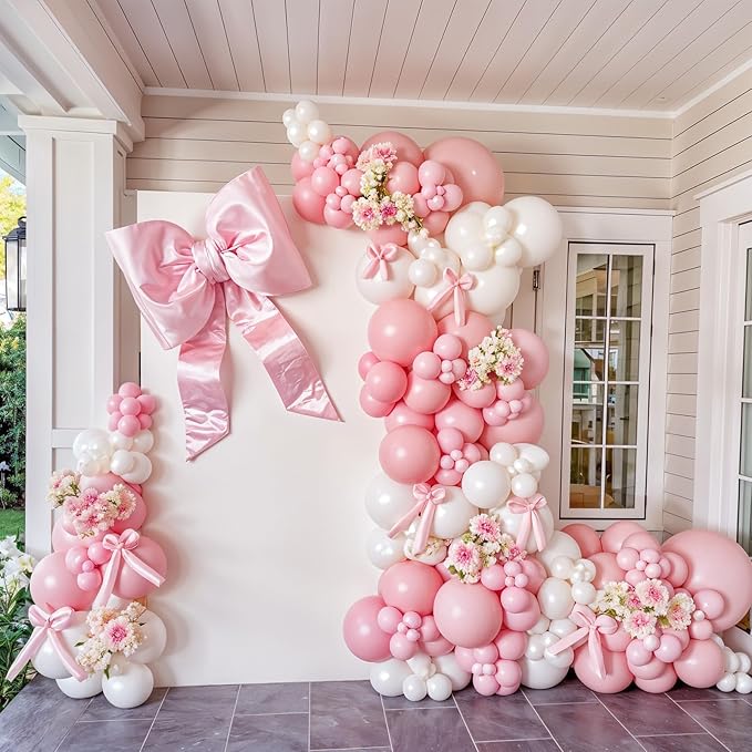Bow Balloon Arch Kit, Pastel Baby Pink White Clear Bow Birthday Balloons for Princess Women Girl Pink Birthday Party Baby Shower Bachelorette Bridal Engagement Decorations