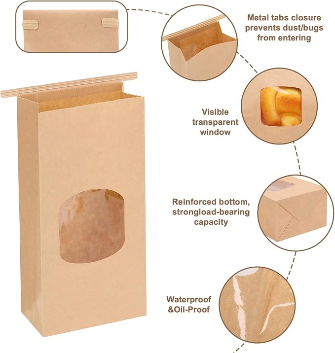 Moretoes 100pcs Medium Bakery Cookie Bags with Window, 4.5x2.36x9.6in, Seal by Tin Tie Tab, Kraft Paper Bags for Cookie Coffee Bread Bakery Pastry Packing