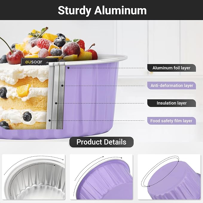 EUSOAR Aluminum Foil Baking Cups with Lids, 50pcs 5oz Creme Brulee Ramekins Disposable, Muffin Liners Cups Oven Safe Mini Cheesecake Foil Pans Dessert Containers with Lids for Party Favor Birthday