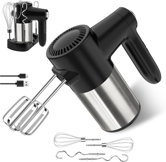 Cordless Electric Hand Mixer, 7 Speed Rechargeable Wireless Handheld Mixer with Eject Button, Long Battery, Quiet Anti-Splash, 6×304 Stainless Steel Attachments & Storage Base for Baking (Black)