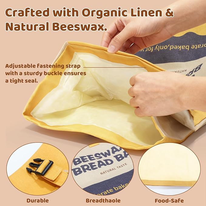 UWILLION Beeswax Bread Bags 2 Pack for Sourdough Loaves, Extra Large Reusable Linen Bread Storage Bag with Buckle Closure, Plastic-Free Food-Safe Bread Keeper for Homemade Artisan Bread