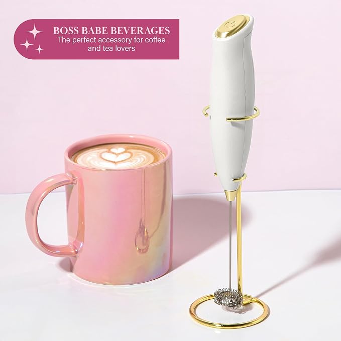 Paris Hilton Electric Handheld Milk Frother with Double Coil Head Whisk and Gold Metal Stand, Battery Powered (2 AA Batteries Required but Not Included), White