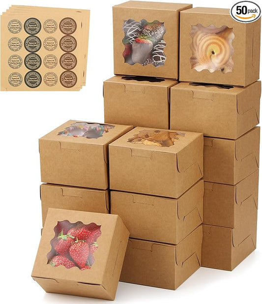 Brown 50pcs Cookie Boxes for Gift Giving, 4x4x2.5 Inches Small Bakery Boxes with Window, Kraft Paper Treat Boxes, Pastry Boxes for Dessert, Macarons, Cupcake, Donuts,Valentine, Wedding & Home Use