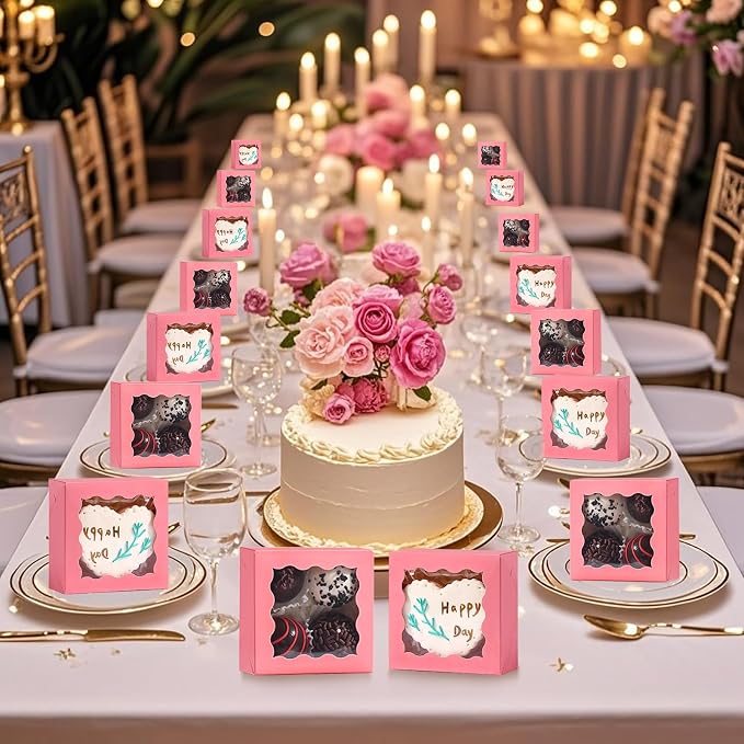 100 Pack 3.25x3.25x1.5 inches Pink Small Cookie Boxes with Window - Mini Cake Pie Macaron Donut Chocolate Truffle Treat Boxes for Valentine's Day Wedding&Birthday Party Favor