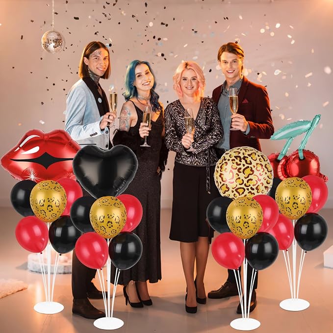 4 Sets Cheetah and Cherry Party Balloons Stand Kit with Black Red Cherry Leopard Print Foil Balloon Centerpiece for Tables Leopard Print Party Balloon for Girls Women Leopards Birthday Decorations