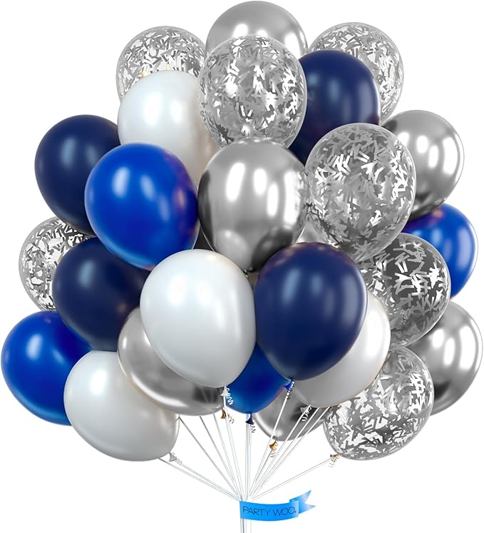 PartyWoo Blue and Silver Balloons 100 pcs 12 Inch Navy Royal Blue White Sliver Confetti Helium Balloons for Graduation New Year Weddings Father's Day Baby Shower Birthday Party Decorations
