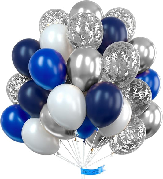 PartyWoo Blue and Silver Balloons 100 pcs 12 Inch Navy Royal Blue White Sliver Confetti Helium Balloons for Graduation New Year Weddings Father's Day Baby Shower Birthday Party Decorations