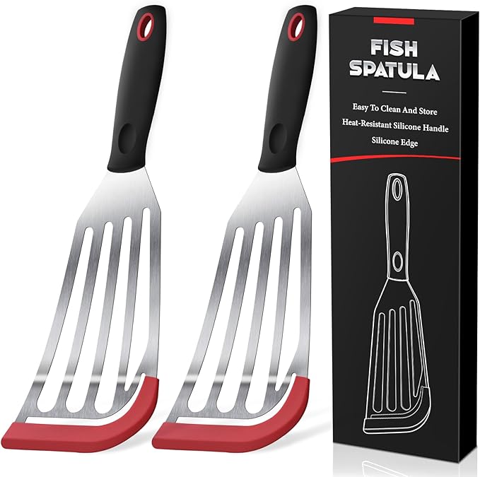 2Pcs Silicone Fish Spatula, Heat Resistant Silicone Edge for Nonstick Cookware, Fish Turner for Kitchen Use, Flexible and Thin Stainless Steel Slotted Spatula, 12.2 * 3.42 Inch, Red