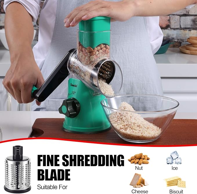 Geedel Rotary Cheese Grater, Kitchen Mandoline Vegetable Slicer with 3 Interchangeable Blades, Easy to Clean Rotary Grater Slicer for Cheese, Vegetables, Nuts
