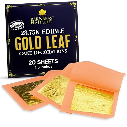 Barnabas Edible Gold Leaf 24K - Cake Decorations, Loose Gold Leaf Sheets for Cupcakes - 1.5 inches, Interleaf of 20