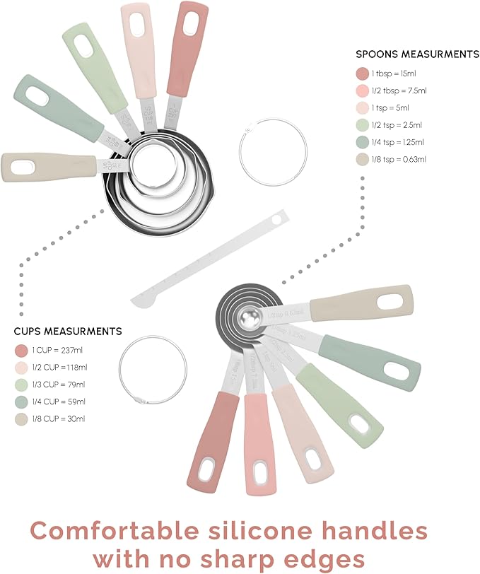 CuttleLab Measuring Cups and Measuring Spoons Set of 14 - Stainless Steel Measuring Cups and Spoons Set, Includes 1/8 Teaspoon Measuring Spoon, 1/8 Cup Measuring Cup, Leveler Dry (14, Country Chic)