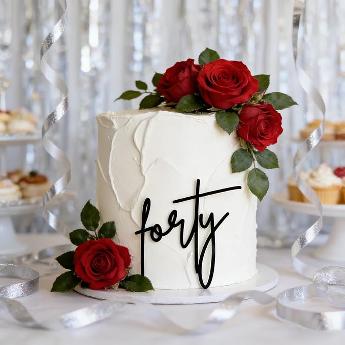 Black Forty Cake Topper, Acrylic Happy 40th Birthday Cake Decorations for Women and Men, Cheers to 40 Years Anniversary Cake Charm Party Supplies