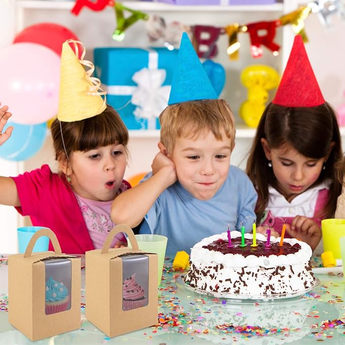 Cupcake Boxes, 30 Pcs Single Cupcake Boxes Individual Cupcake Containers Muffins Cupcake Carriers Holder Kraft Pastry Containers with Insert Window & Handle for Wedding Birthday Parties (Brown)