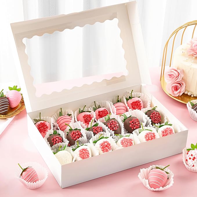 Ocmoiy 20 Pack Bakery Boxes, 12x8x2.5 Inch Cookie Boxes with Window, Auto-Popup Treat Box for Chocolate Covered Strawberries, Pastries, Donuts, Muffins, Breakable Hearts