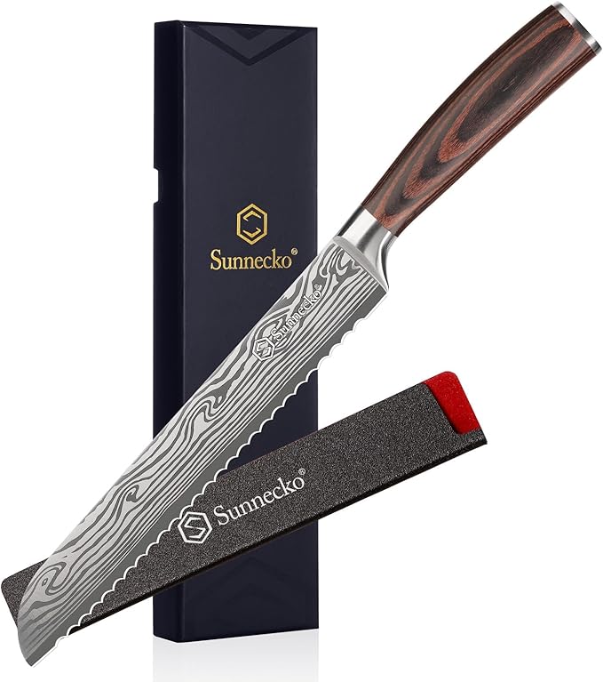 Sunnecko 8 Inch Bread Knife - High Carbon German Steel Serrated Bread Knife for Homemade Sourdough & Crusty Loaves, Ultra Sharp Kitchen Knife with Sheath, Professional Cake Slicer Gift for Mom and Dad