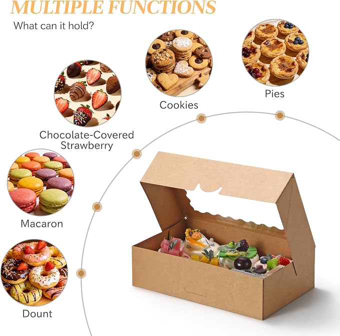COTOPHER Auto Pop Up Cookie Box with Window 9x6x2.5 Inches – 50 Pack Brown Bakery Boxes with Ribbon for Birthday Party Favors, Wedding, Christmas Gift Packaging for Cookies, Candy, Macarons