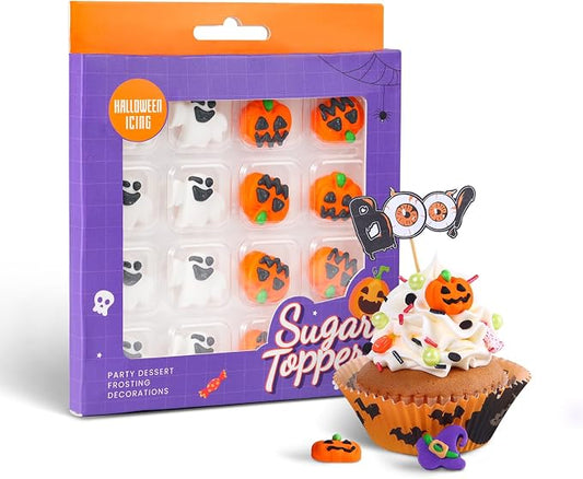 16 Pcs Edible Halloween Cupcake Toppers, 8 Pumpkin Cupcake Toppers, 8 Ghost Cake Decorations, Halloween Cake Decorations for Cookies, Cakecircle, Cupcakes, macarons, and Ice Cream