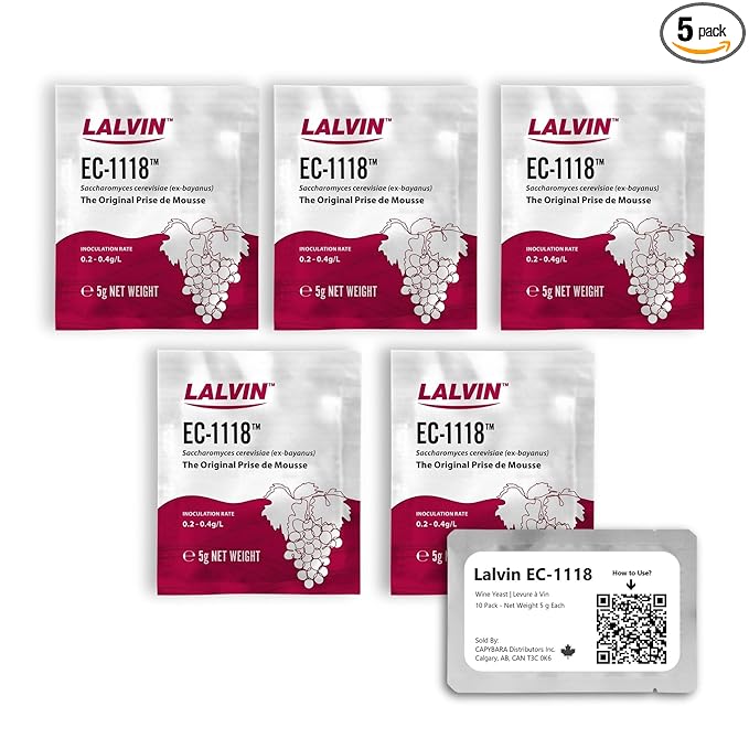Lalvin EC-1118 Wine Yeast (5 Pack) - Champagne Yeast - Make Wine Cider Mead Kombucha At Home - 5 g Sachets - Saccharomyces cerevisiae - Sold by CAPYBARA Distributors Inc.