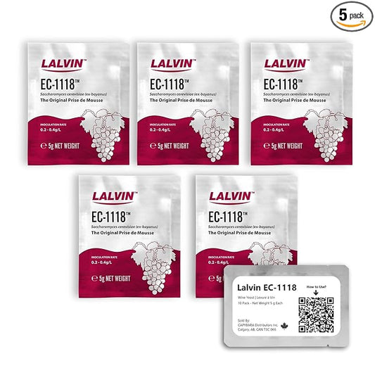 Lalvin EC-1118 Wine Yeast (5 Pack) - Champagne Yeast - Make Wine Cider Mead Kombucha At Home - 5 g Sachets - Saccharomyces cerevisiae - Sold by CAPYBARA Distributors Inc.