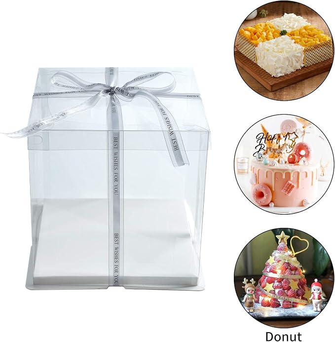BURLIHOME 5 Pack Clear Cake Boxes 10x10x12 Inches, Tall Cake Boxes for Tier Cakes, Clear Gift Box for Wedding, Party, Birthday