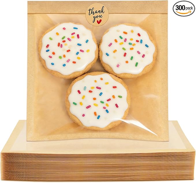 300 Pack Cookie Bags with Seal, 7.1x7.5 Inch Heat Sealable Bakery Bags with Window Grease Resistant Paper Packaging Sleeves for Bake Sale Bagel, Cake Slice, Sandwich, Donut, Pastry