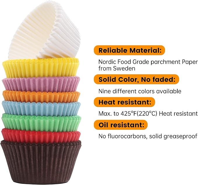 Bake Choice 200pcs Standard Rainbow Cupcake Liners for baking,food-grade cupcake wrappers,greaseproof parchment muffin liners for Christmas decorations