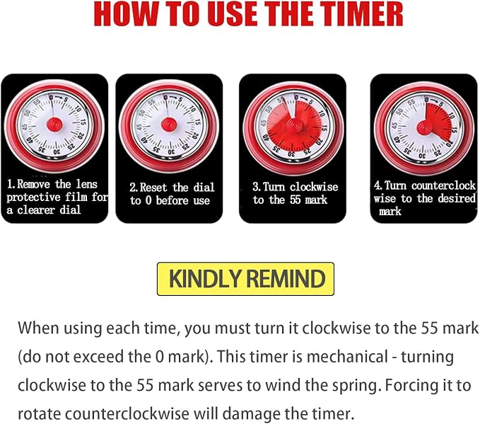 Mechanical Kitchen Timer, Eco-Friendly No Batteries Needed Magnetic 60-Minute Visual Countdown Alarm Clock for Cooking, Study, Games, Office (Yellow)