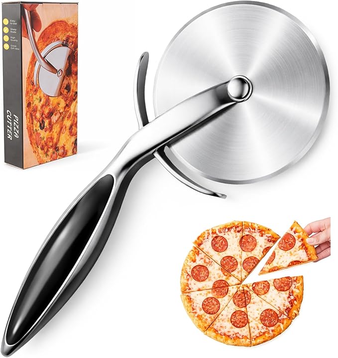 Pizza Cutter Wheel, Sharp Stainless Steel Pizza Slicer with Finger Guard, Non-Slip Comfortable Handle, Multi-Purpose Kitchen Cutter for Pizza, Pie, Dough and Pastry, Easy to Clean, Black