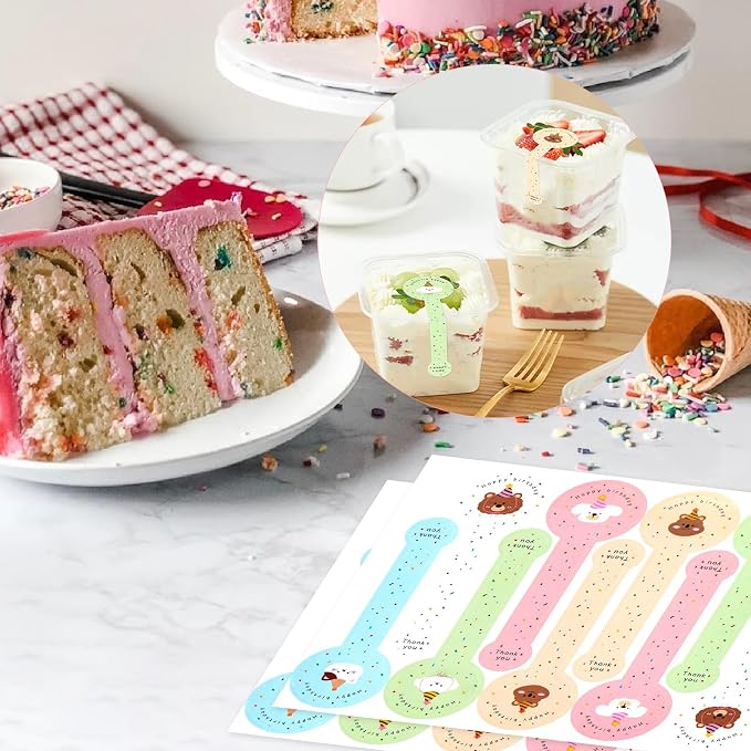 300pcs Happy Birthday Handmade Lollipop Baking Stickers for Cake Box/Tin/Jar/Coffee Cup/Bottle, Long Label Animal Sealing Bakery Stickers for Gift Wrapping Self-Adhesive Tamper Evident Seal Labels