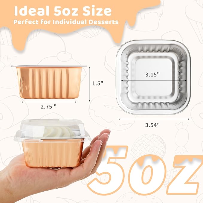 40 Pack 5 OZ Mini Cake Pans with Lids, Disposable Square Aluminum Foil Brownie Baking Cup, Mini Aluminum Foil Cupcake Muffin Tin Ramekins, Dessert Cake Containers for Wedding Birthday Party, Champagne
