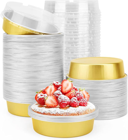 Beasea Disposable Pie Tins 4 Inch, 100 Pack Mini Tart Pans with Lids, 8 Oz Golden Aluminum Pie Pan Tin Tart Pans Round Oven Baking Mini Cake Pan for Pie Tart Quiche