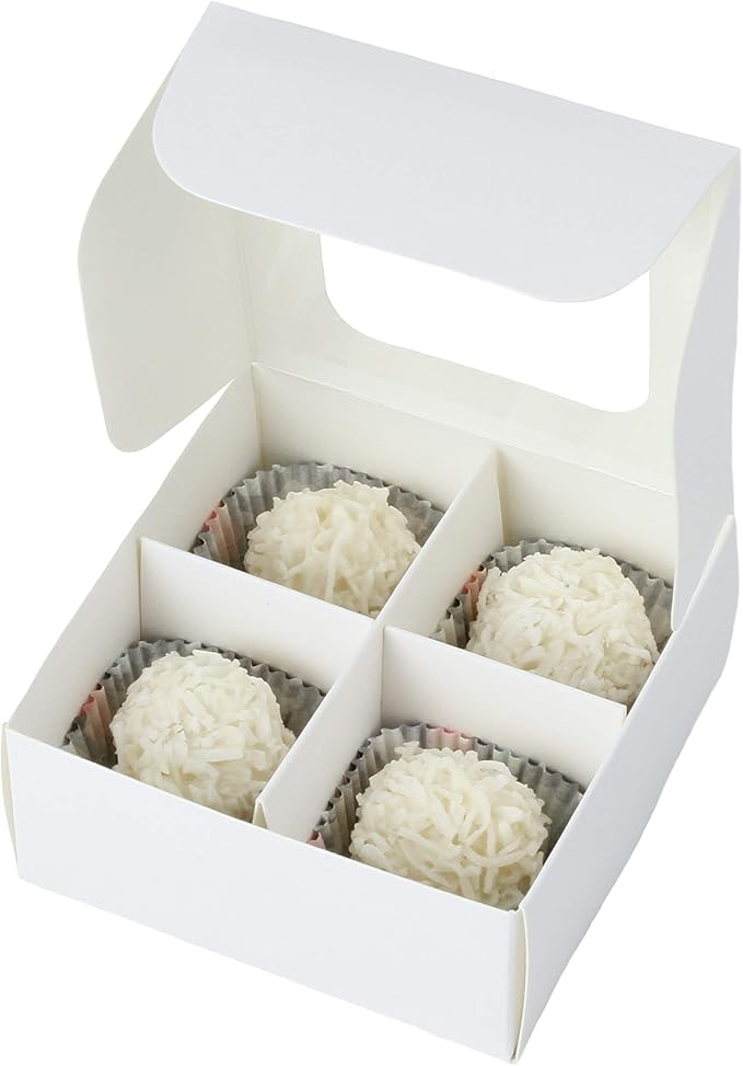 Treat Boxes - 20 ct 3.5 x 3.5 x 1.6 in Bakery Boxes with Windows and Dividers for Candy, Cookies, Cupcakes, or Bakery Desserts - Chocolate, Treats, and Baked Goods Packaging for Gifting